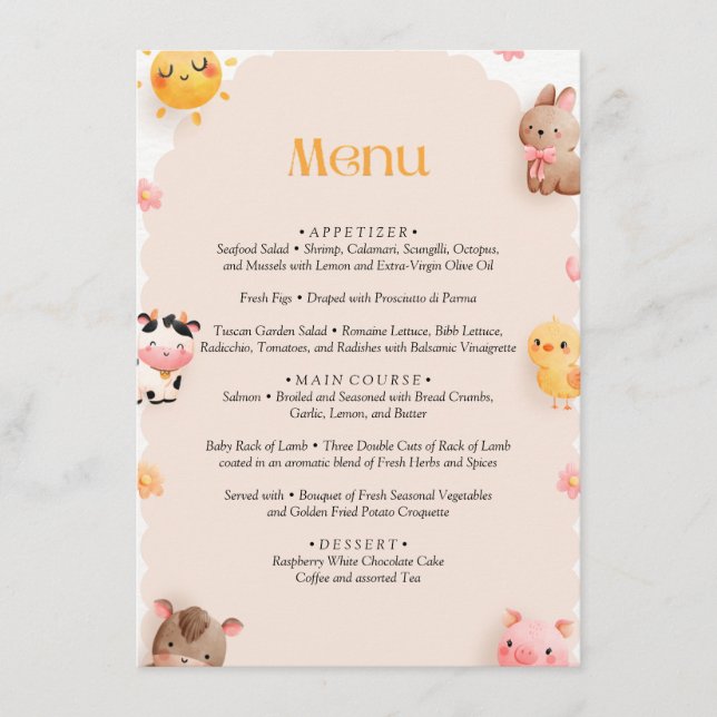 Menu Farm Animals Baby Shower (Front)
