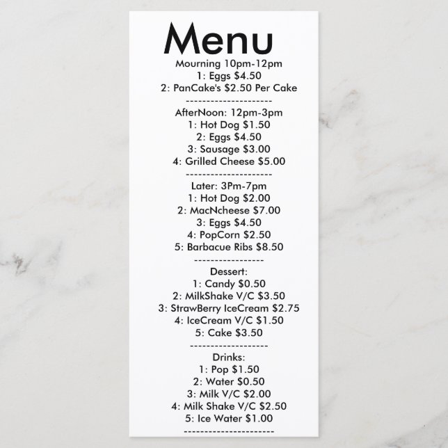 Menu For resturant (Front)
