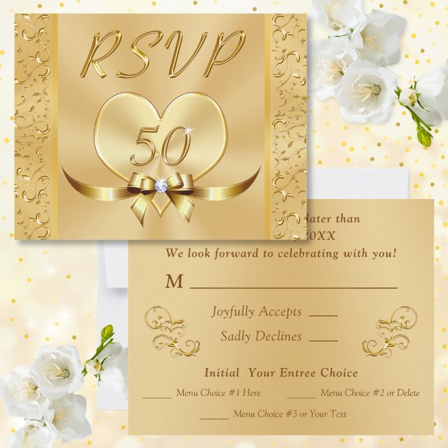 Menu Gold RSVP Cards for 50th Wedding Anniversary (RSVP Menu Cards. Response Cards for 50th wedding anniversary. 50th anniversary RSVP Cards. Menu RSVP)