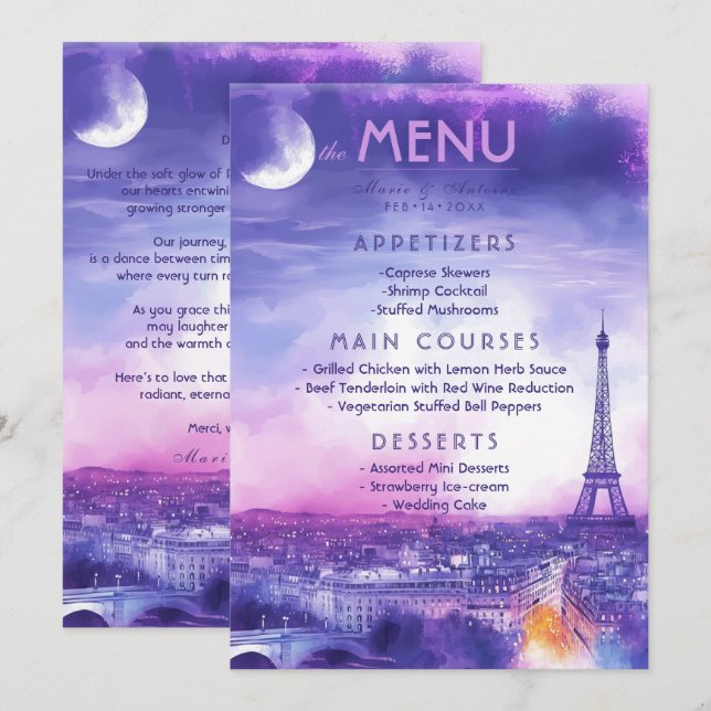 Menu + lovely text Amour Éternel  (Front/Back)