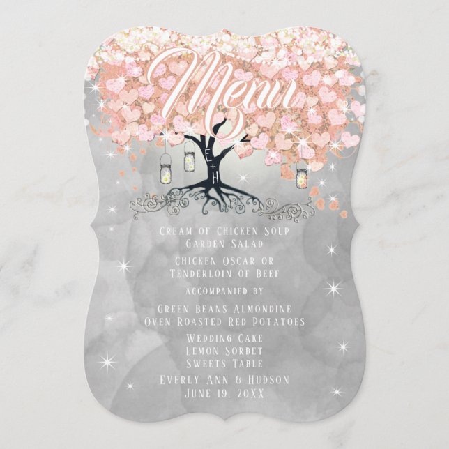 Menu Mason Jar Pink  Heart Leaf Tree Watercolor (Front)