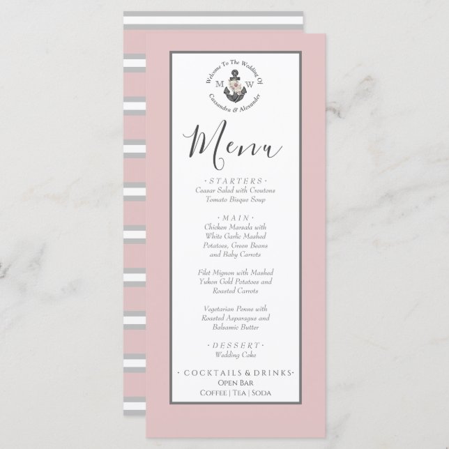 Menu Nautical-Themed Floral Anchor Dusty Rose Pink (Front/Back)