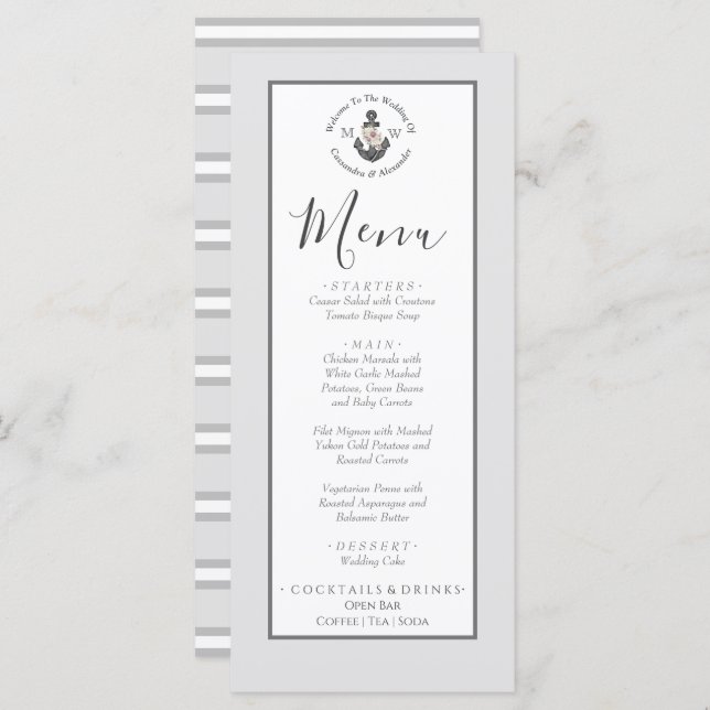 Menu Nautical-Themed Floral Anchor Silver Grey (Front/Back)