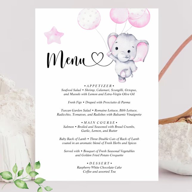 Menu Pink Elephant Watercolor Baby Shower (Creator Uploaded)