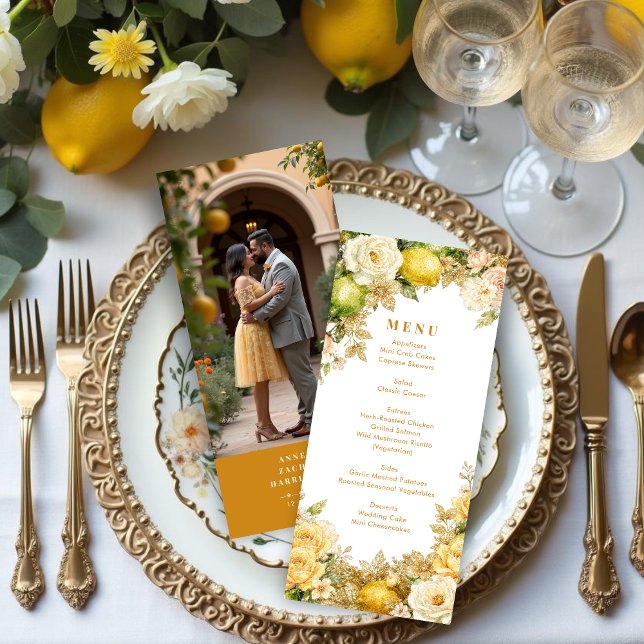 Menú plano menu (Luxury Delicate Mediterranean Lemons & Flowers Frame Wedding Menu Cards )