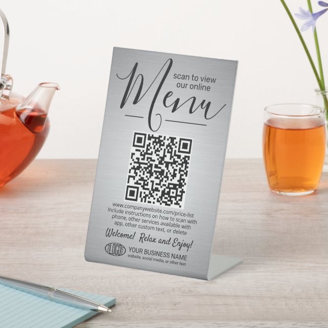 Menu | Price List QR Code Business Brushed Silver Pedestal Sign (In SItu)