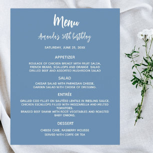 Menu program dusty blue birthday party