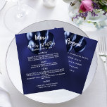 Menu program navy blue white balloons<br><div class="desc">A navy blue background. The blue colour is uneven. White text.  Decorated with blue balloons.
Front: Personalise and add your name,  date and the menu. 
Back: Program.  If you have a large program you can reduce the line spacing.


1 sheet = 1 menu printed edge to edge.</div>