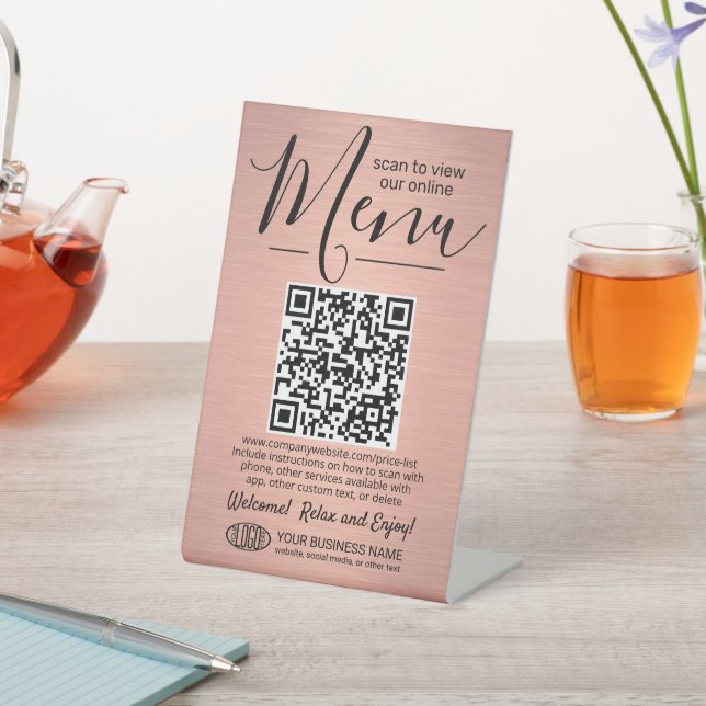 Menu QR Code Generator & Logo Brushed Pink Colour Pedestal Sign (In SItu)