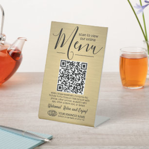 Menu QR Code Generator & Logo Faux Metallic Gold Pedestal Sign