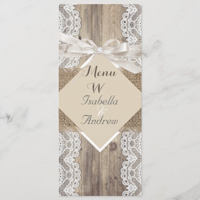 Menu Rustic Wedding Beige White Lace Wood Burlap 2 (Front)