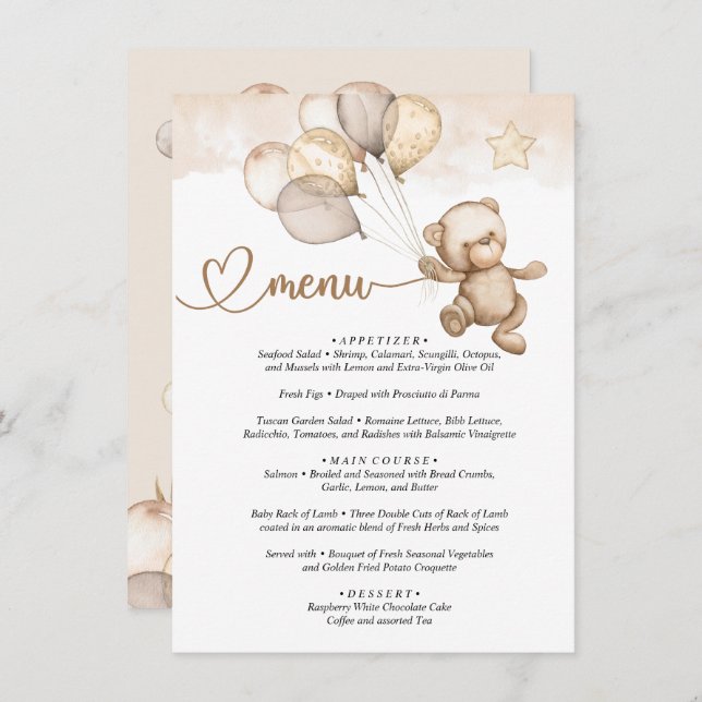 Menu Teddy Bear Baby Bear Baby Shower  (Front/Back)