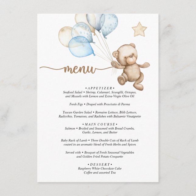 Menu Teddy Bear Baby Bear Baby Shower  (Front)