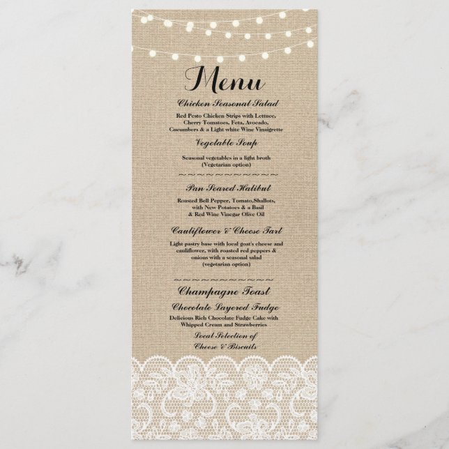 Menu Wedding Reception Rustic Burlap Lace Winter (Front)