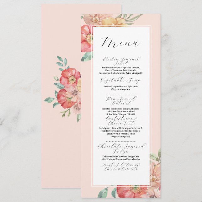 Menu Wedding Summer Florals Watercolor Reception (Front/Back)