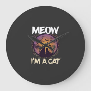 Meow Am Cat Halloween Night Witch Pumpkin_1 Large Clock