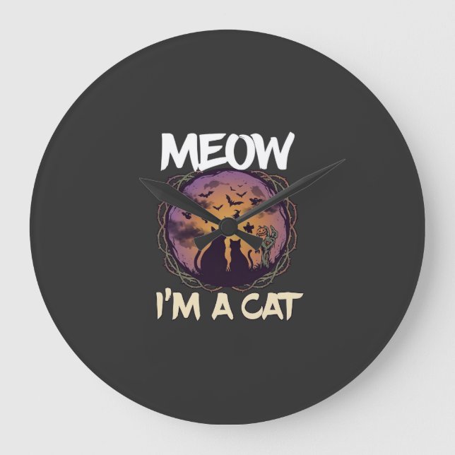 Meow Am Cat Halloween Night Witch Pumpkin_1 Large Clock (Front)