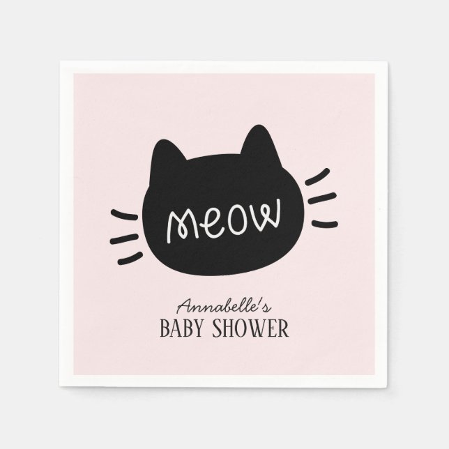 Meow Black Cat Face Pink Girl Baby Shower Napkin (Front)