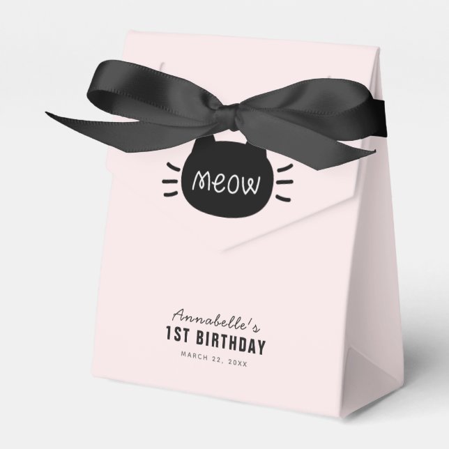 Meow Black Cat Face Pink Girl Birthday Favour Box (Front Side)