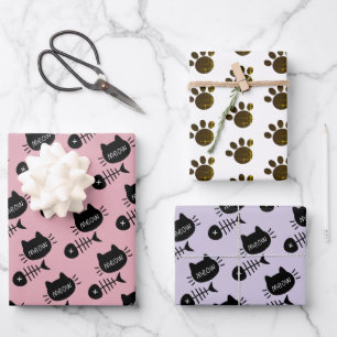 Meow Black Kitty Cat Fishbone Pattern Pink Wrapping Paper Sheet