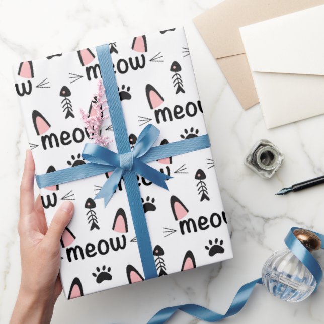 Meow Cat Ears and Pawprints Wrapping Paper (Gifting)