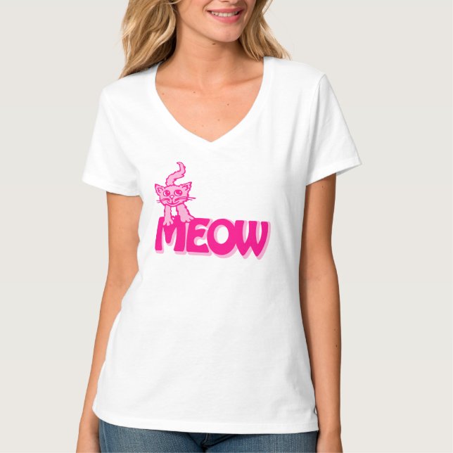 Meow cat graphic bright hot pink t-shirt (Front)