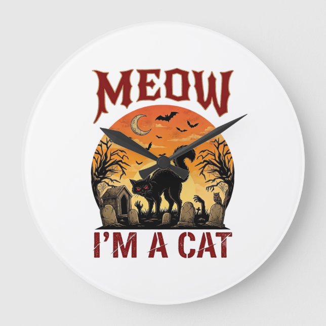 Meow Cat Halloween Black Cemetery_1 Large Clock (Front)