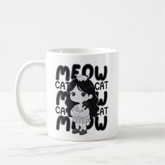 Meow Cat Lover Aesthetic Chibi Girl Illustration Coffee Mug
