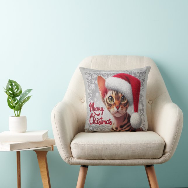 Meow Christmas Devon Rex Cat, Xmas Santa Cat Cushion (Chair)