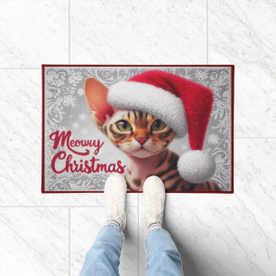 Meow Christmas Devon Rex Cat, Xmas Santa Cat Doormat
