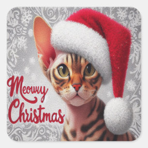 Meow Christmas Devon Rex Cat, Xmas Santa Cat Square Sticker