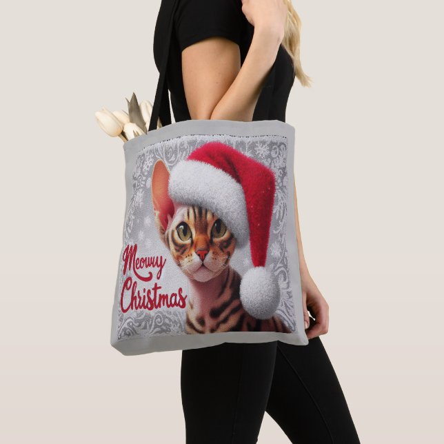 Meow Christmas Devon Rex Cat, Xmas Santa Cat Tote Bag (Close Up)