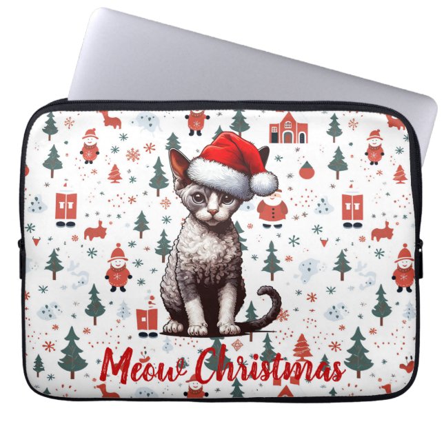 Meow Christmas Devon Rex Cat, Xmas Santa Kitten Laptop Sleeve (Front)