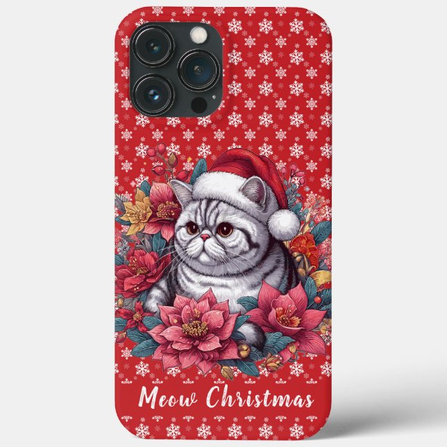 Meow Christmas Exotic shorthair Cat, Floral Santa Case-Mate iPhone Case (Back)