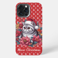 Meow Christmas Exotic shorthair Cat, Floral Santa