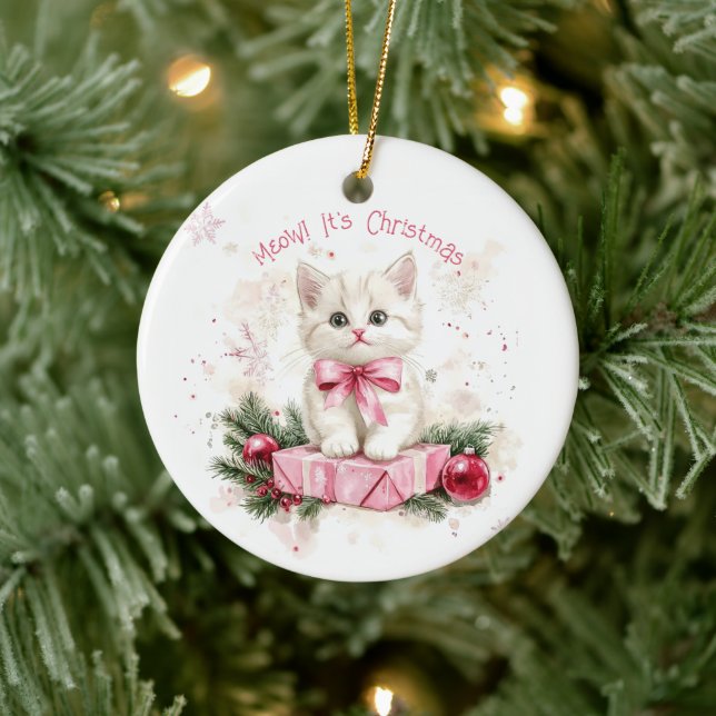 Meow Christmas Kitten Pink Ceramic Tree Decoration (Tree)