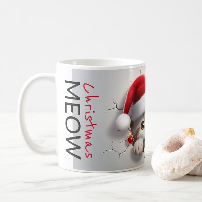 Meow christmas kitten with santa cap coffee mug (With Donut)