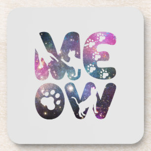 Meow – Cute Cat Silhouettes and Paw Prints Design Coaster