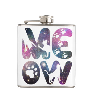 Meow – Cute Cat Silhouettes and Paw Prints Design Hip Flask