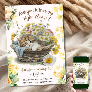 Meow! Cute Kitten Floral Kitty Cat 10th Birthday Invitation