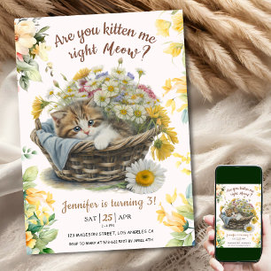 Meow! Cute Kitten Floral Kitty Cat 3rd Birthday Invitation