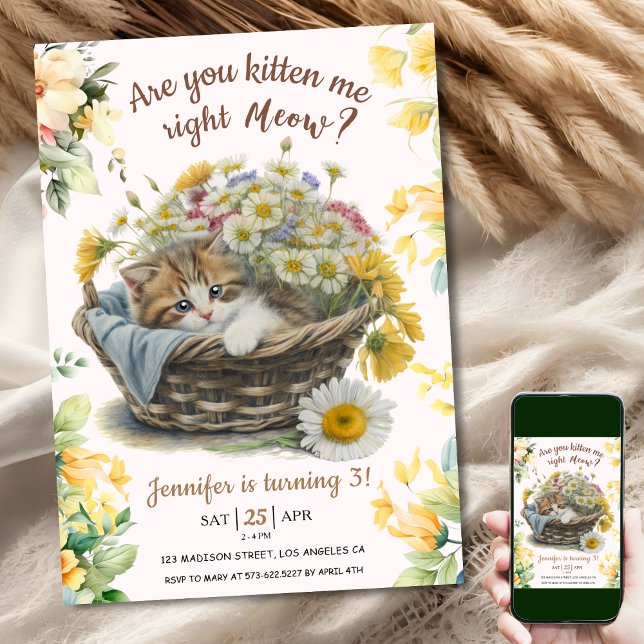 Meow! Cute Kitten Floral Kitty Cat 3rd Birthday Invitation (Creator Uploaded)
