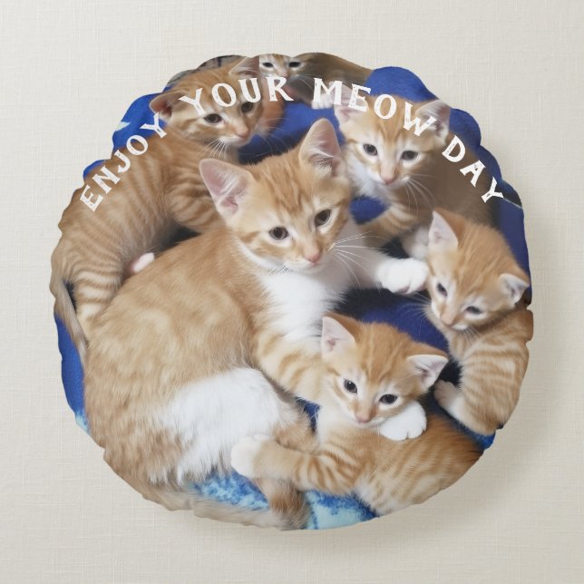 Meow Day Cat Photo Round Pillow (Front)