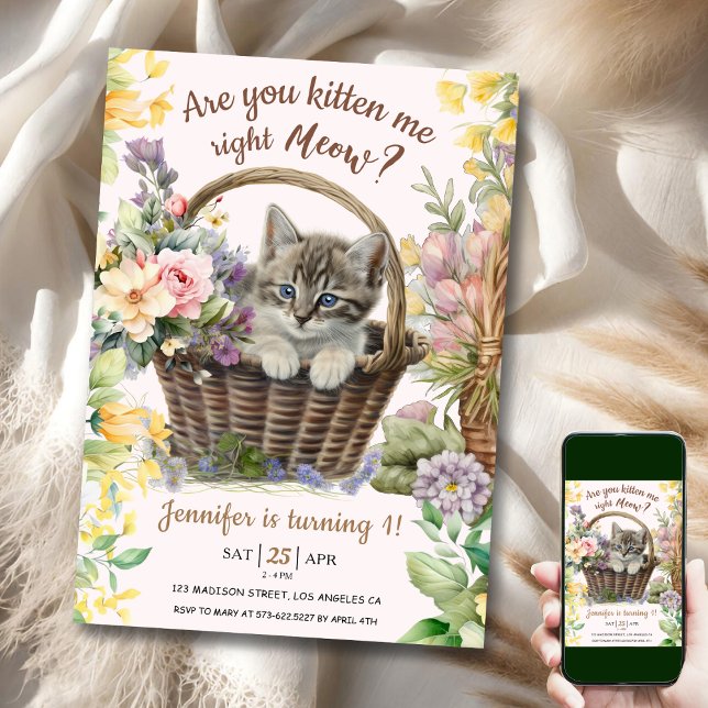 Meow! Floral Cute Kitten Girl Cat 1st Birthday Invitation (Creator Uploaded)