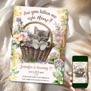 Meow! Floral Cute Kitten Girl Cat 3rd Birthday Invitation