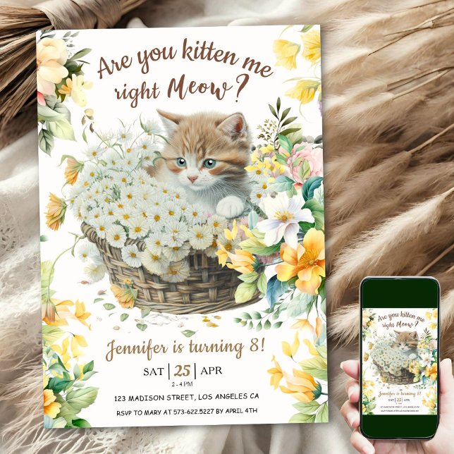 Meow! Floral Cute Kitten Girl Cat 8th Birthday Invitation (Creator Uploaded)