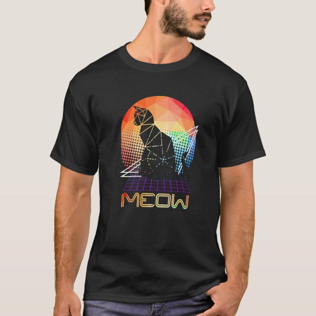 Meow Futuristic Faceted Black Cat Kitten Owner Pet T-Shirt (Front)