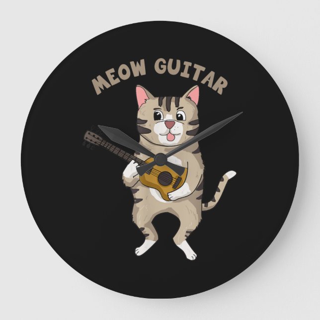 Meow Guitar Cute Cat Playing Guitar Funny Kitties Large Clock (Front)