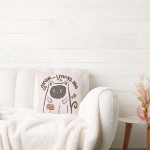 Meow I Mean Boo Black Cat Ghost White Halloween Cushion