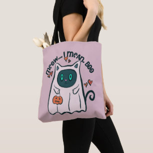 Meow I Mean Boo Cat Ghost Purple Halloween Tote Bag